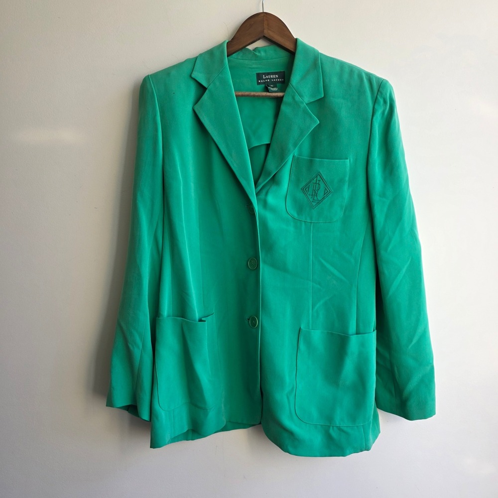Lauren Ralph Lauren Vintage 100% Silk Green Crest Blazer Jacket Womens 10